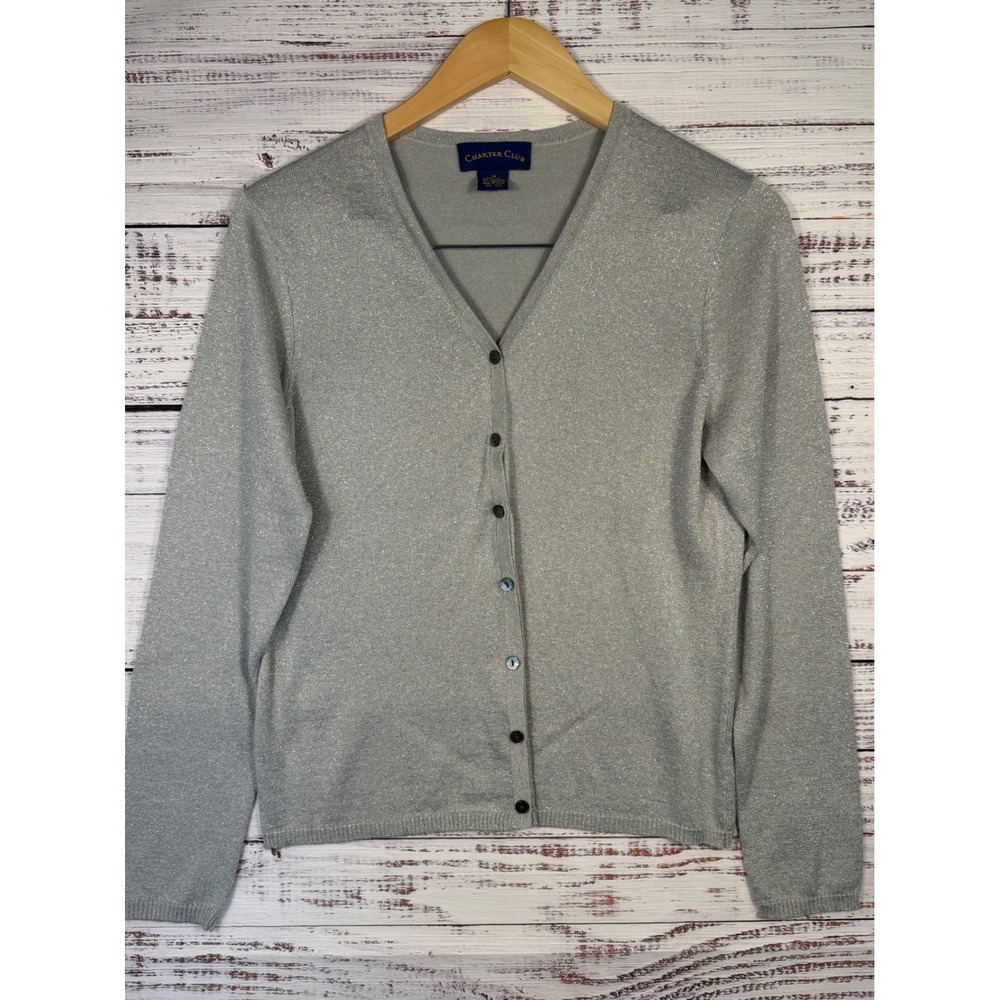 Charter Club Cardigan Women Medium Silver Silk Cashmere Metallic V-Neck Shimmer